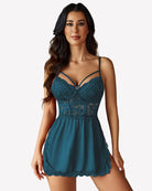 Blue-green lace babydoll chemise with underwire cups, spaghetti straps, and scalloped hem