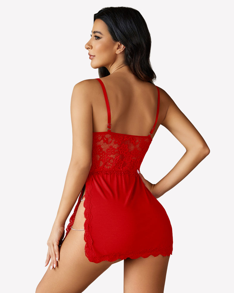 Red lace babydoll lingerie from the back with thin straps and scalloped edges