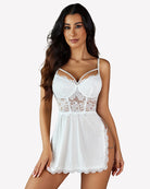 White lace babydoll lingerie with thin straps, V-neck, and scalloped lace hem