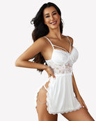 White lace babydoll lingerie with thin straps and lace trim; side chain detail