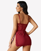 Wine red lace babydoll lingerie from the back with thin straps and scalloped edges