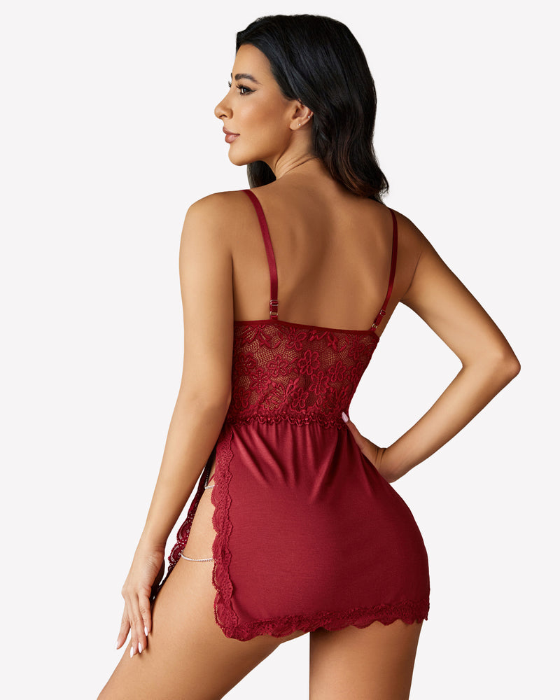 Wine red lace babydoll lingerie from the back with thin straps and scalloped edges