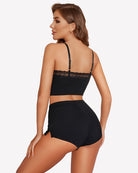 Lace-trim short pajama set in black, cami top and boxer shorts, back view