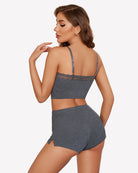 Lace-trim short pajama set in heather grey, cami top and boxer shorts, back view