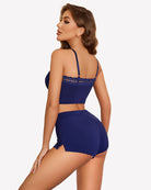 Lace-trim short pajama set in navy blue, cami top and boxer shorts, back view