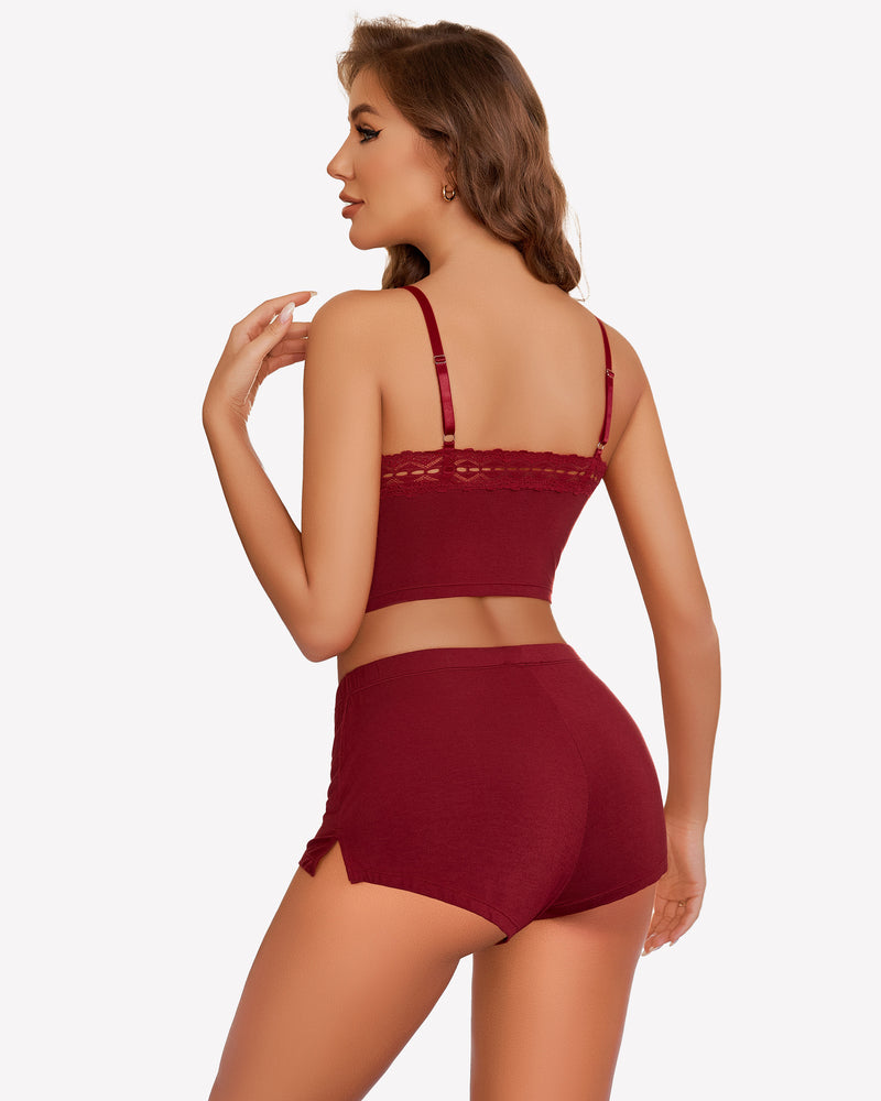 Wine red lace-trim short pajama set, camisole with thin straps and matching shorts
