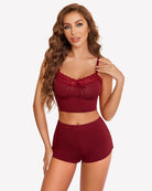 Wine red lace-trim short pajama set, bow-front camisole and high-waist shorts