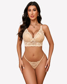 Nude lace bralette and matching panty set with scalloped trim and underwire-style cups