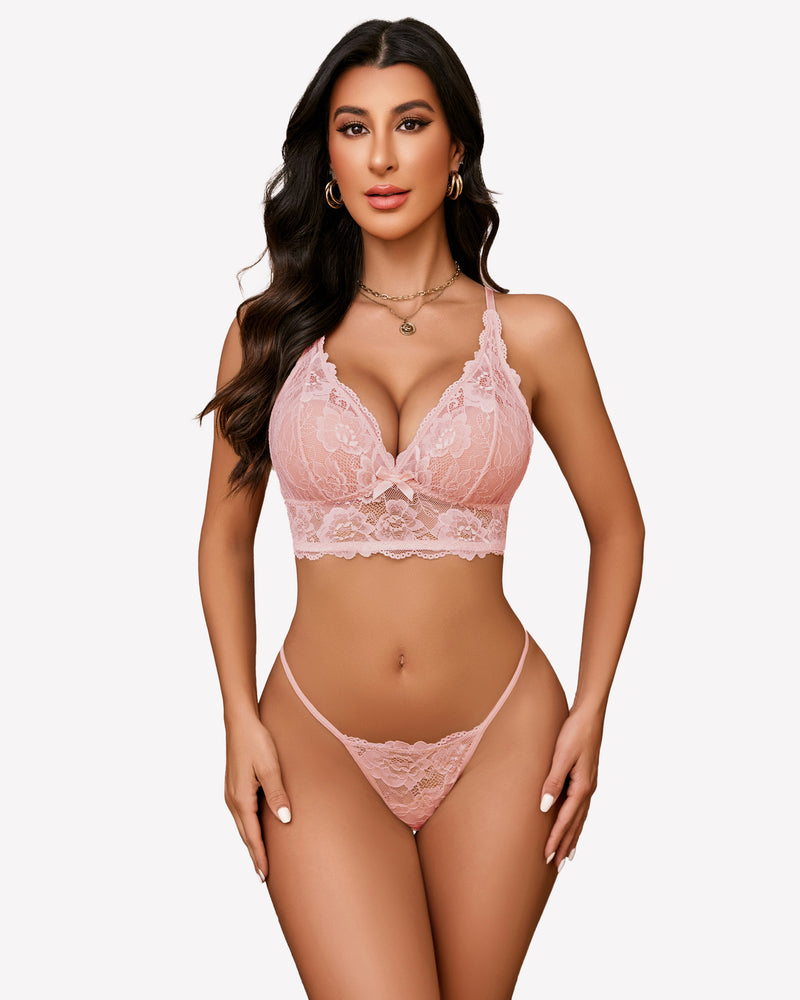Pink lace bralette and matching panty set with scalloped edging and adjustable straps