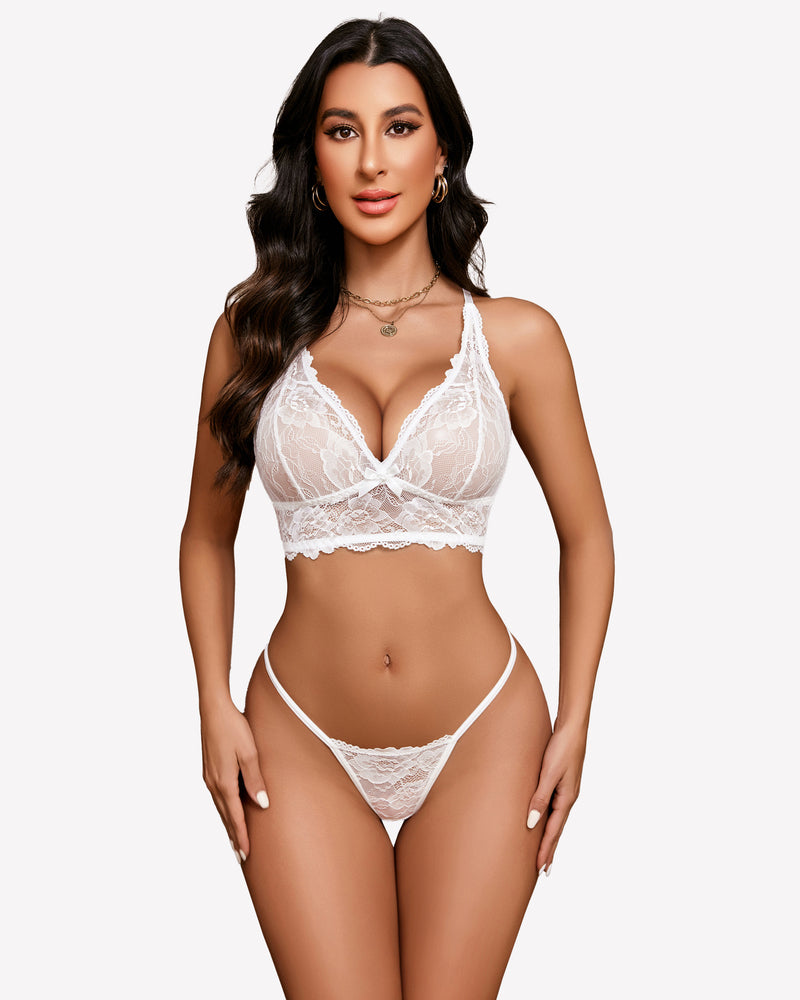 White lace bralette and panty set with deep V cups and scalloped edging
