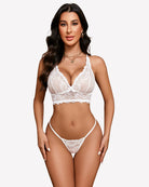 White lace bralette and panty set with deep V cups and scalloped edging