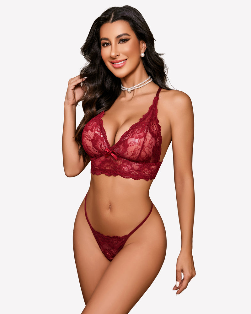 Wine red lace bralette and matching panty set with scalloped triangle cups and ties