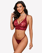 Wine red lace bralette and matching panty set with scalloped triangle cups and ties