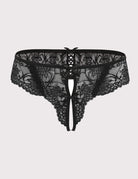 Black lace thong panties with bow detail and vertical ribbon strap