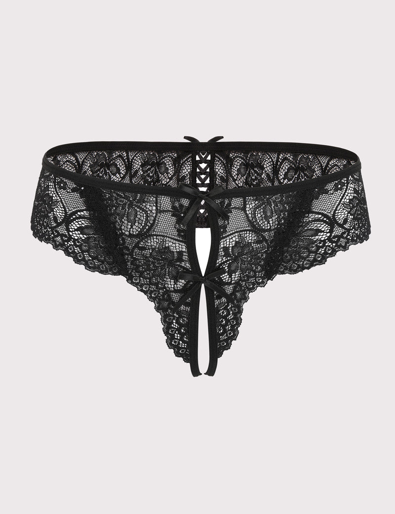 Black lace thong panties with bow detail and vertical ribbon strap