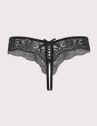 Black lace thong panties with bow and ribbon ties, floral lace pattern