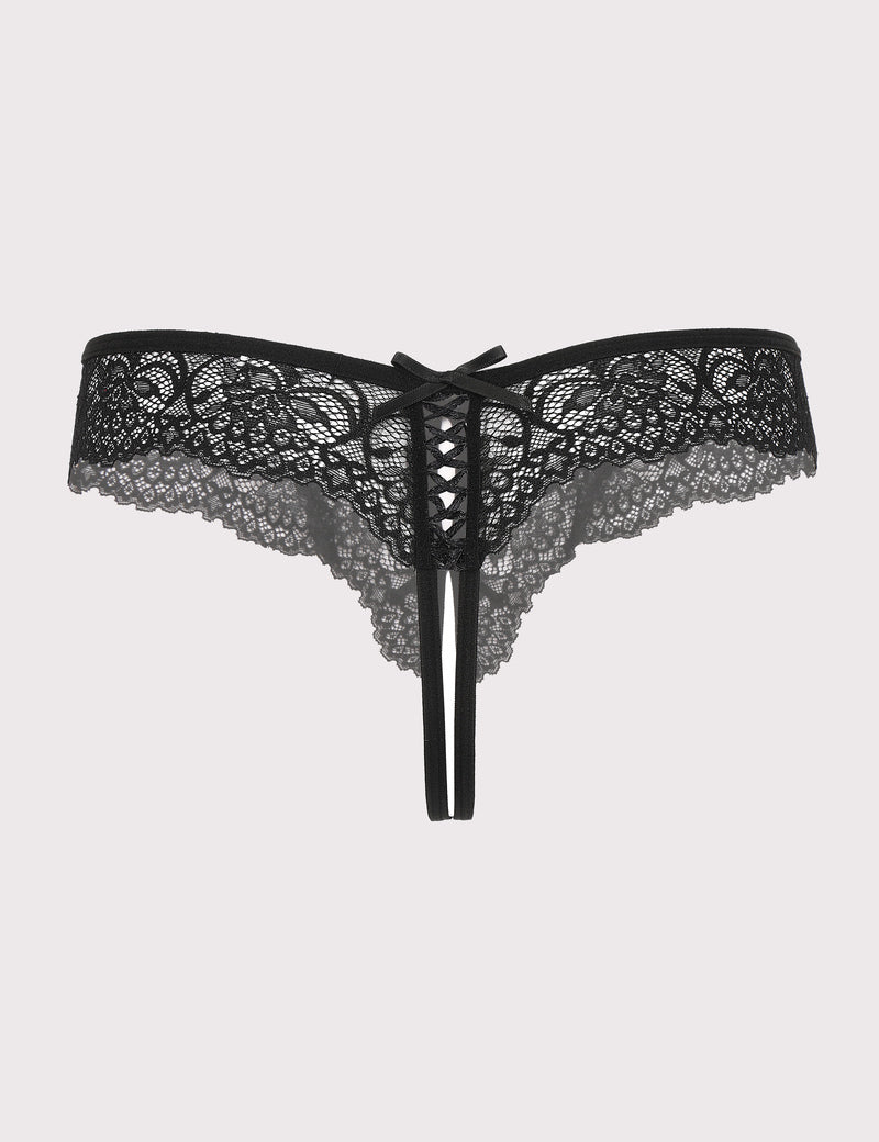 Black lace thong panties with bow and ribbon ties, floral lace pattern