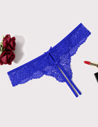 Royal blue lace thong panties with bow ties and scalloped lace trim