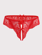 Red lace thong panties with central cutout and bow detail