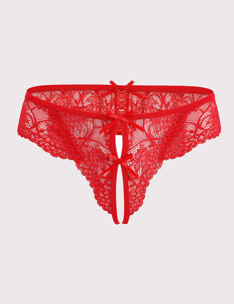 Red lace thong panties with central cutout and bow detail