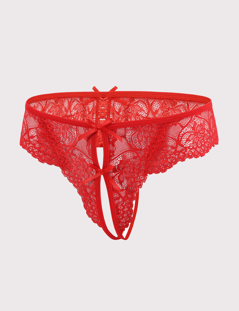Red lace thong panties with open sides and bow detail, scalloped trim