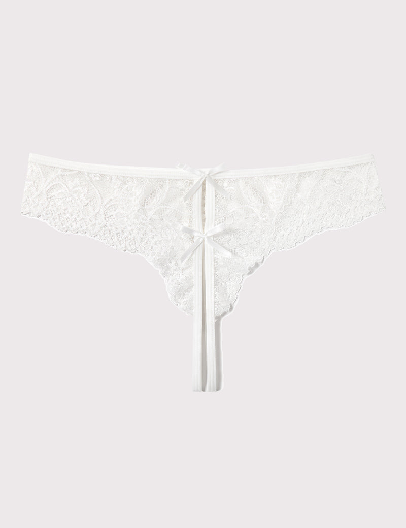 White lace thong panties with bow ties and scalloped lace trim