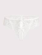 White lace thong panties with bow ties and V-cut front, scalloped trim