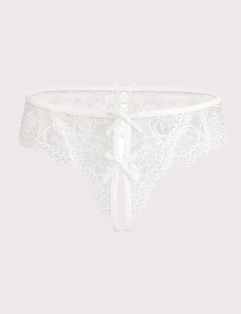 White lace thong panties with bow ties and V-cut front, scalloped trim
