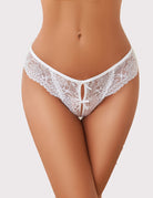 White lace thong panties on model with bow at front