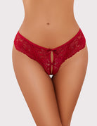 Red lace thong panties on model with front bow and scalloped lace