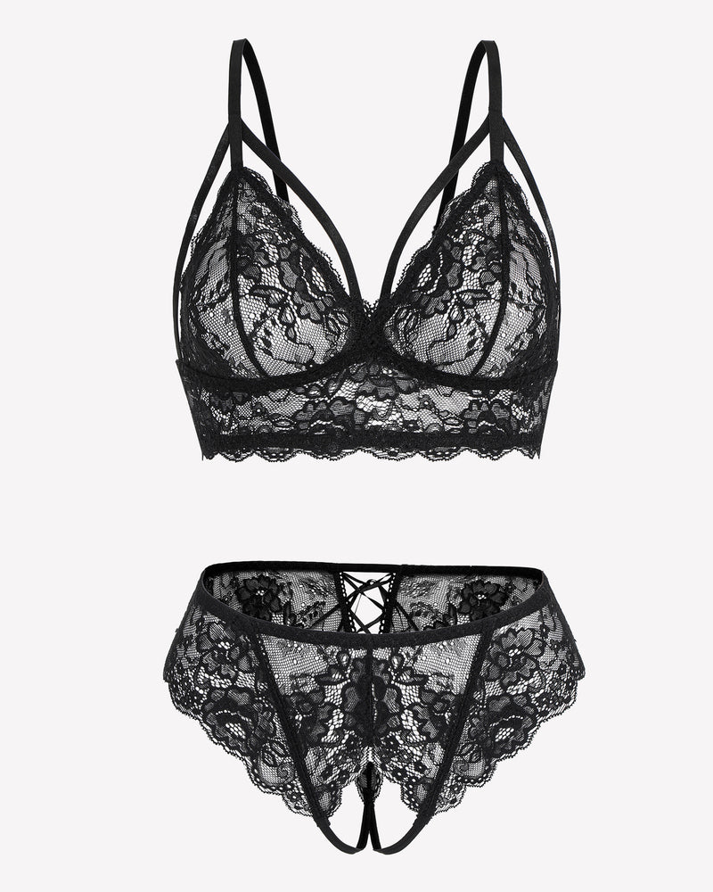Black lace triangle bra and tie-strap panties set, front view
