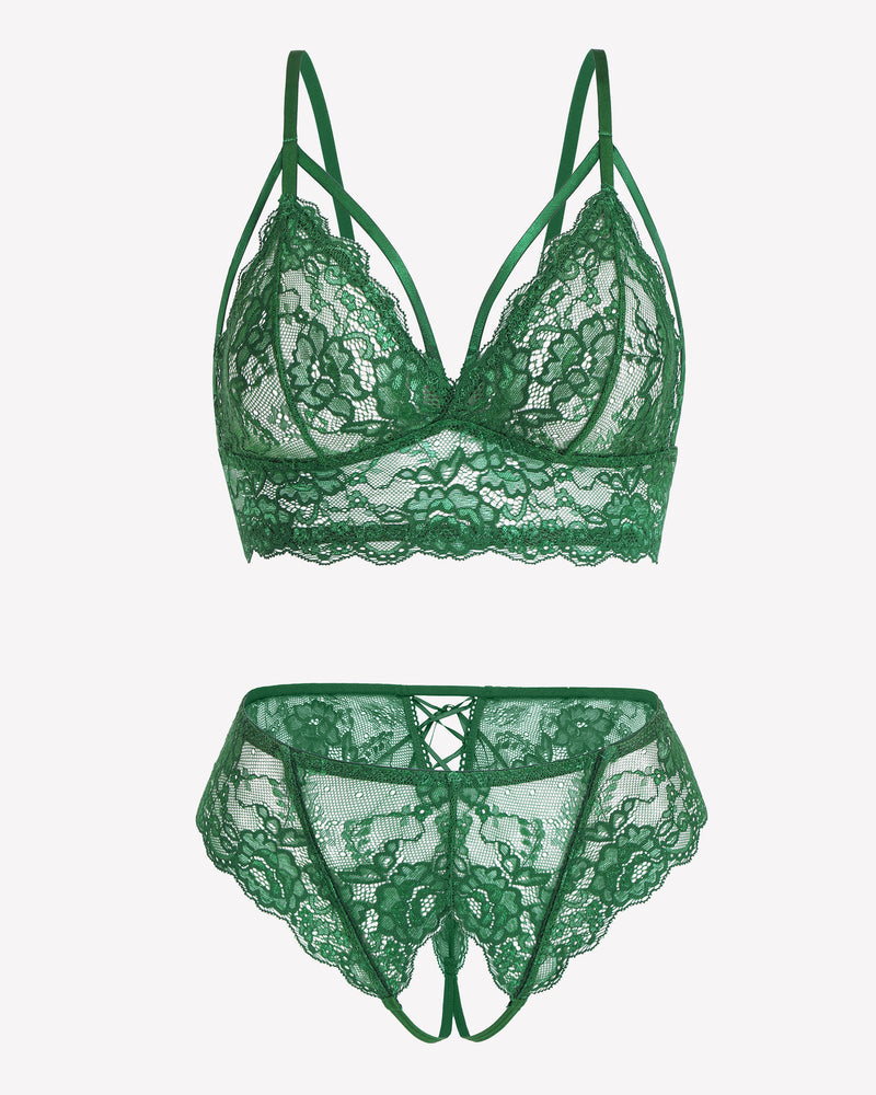 Green lace bra and tie-strap panties set, bralette and thong layout