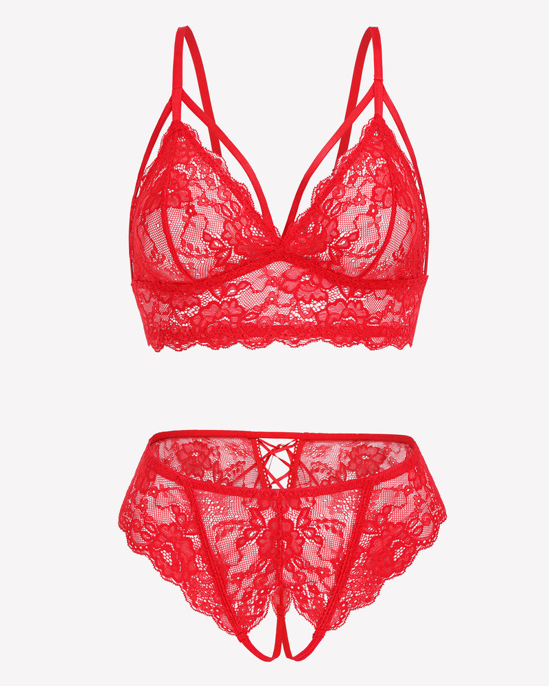 Red lace triangle bra and tie-strap panties set, matching lace edges