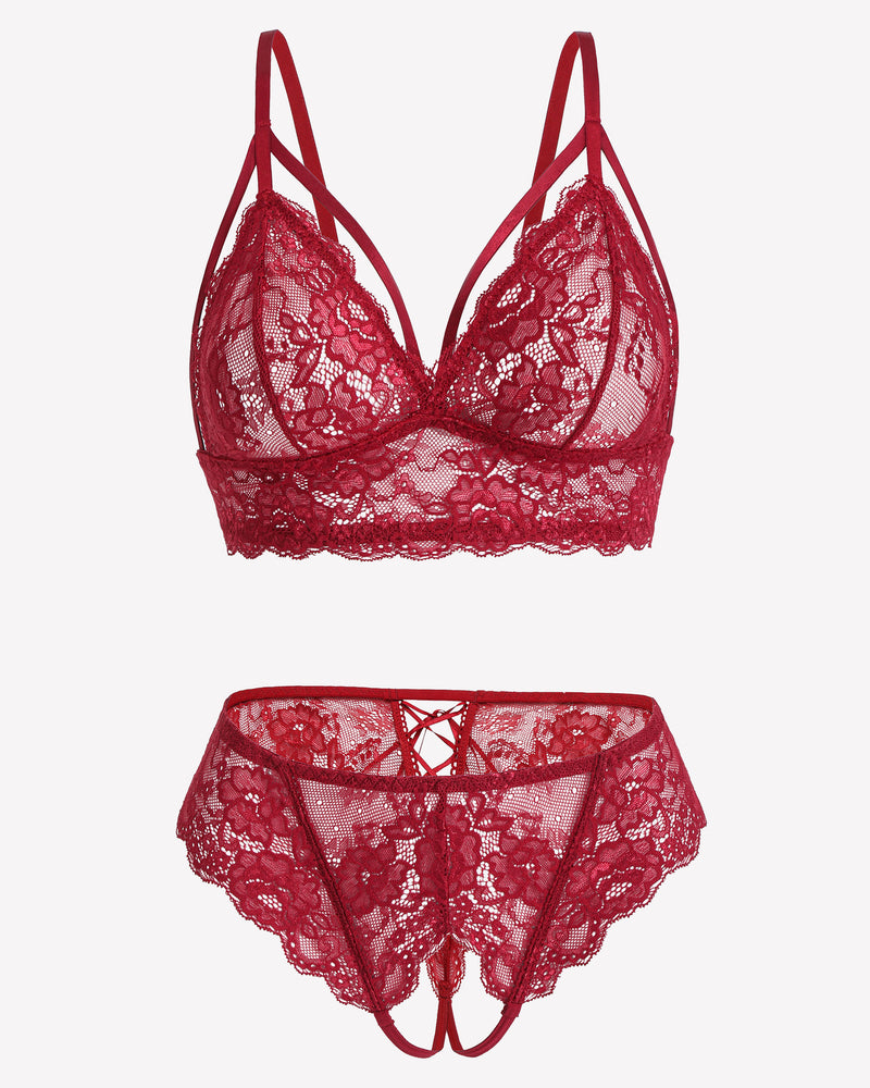 Wine red lace balconette bra and matching tie-strap panties set, underwire