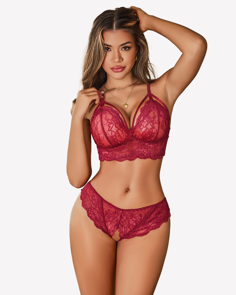 Wine red lace balconette bra and tie-strap panties set with underwire