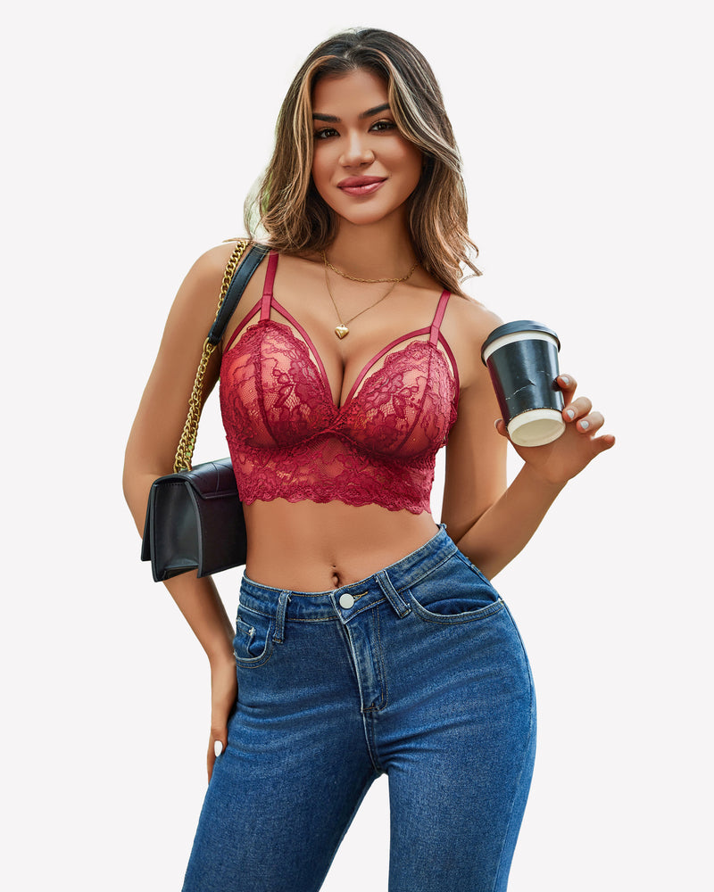 Wine red lace balconette bra and tie-strap panties set with lace trim
