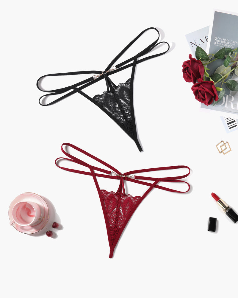 Floral lace hollow-out thong in dark red with bow-tied strappy waist