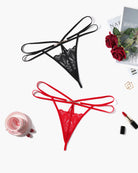 Floral lace hollow-out thong in red with bow-tied strappy waist