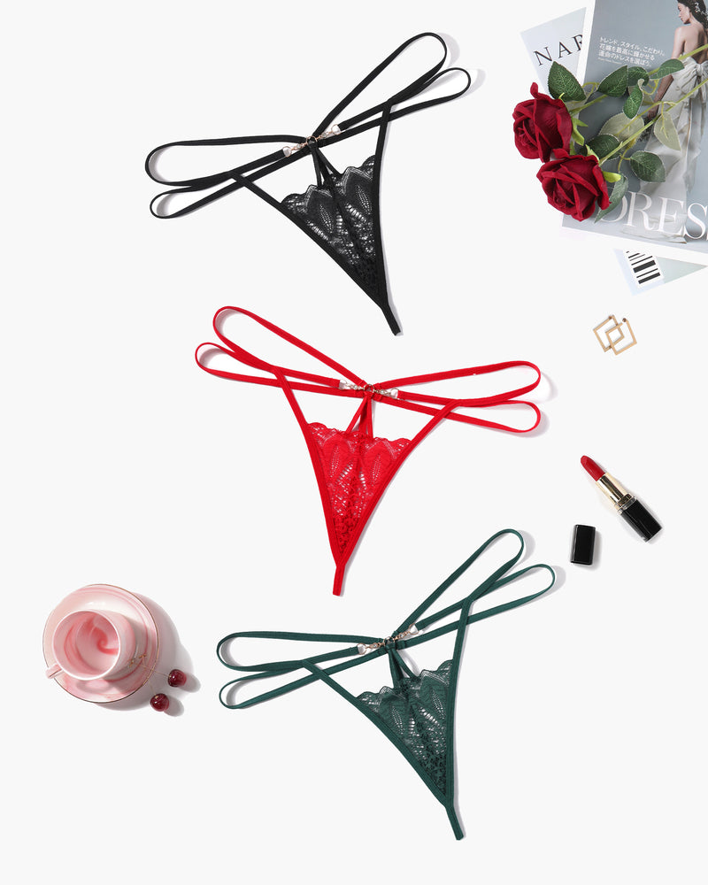 Floral lace hollow-out thong in black with bow-tied strappy waist