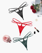 Floral lace hollow-out thong in black with bow-tied strappy waist