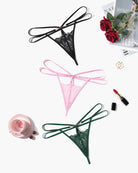 Floral lace hollow-out thong in light pink with bow-tied strappy waist