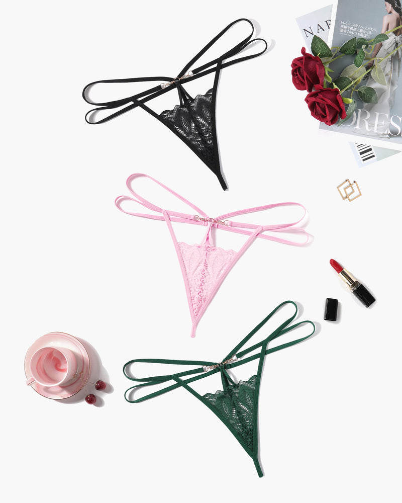 Floral lace hollow-out thong in light pink with bow-tied strappy waist