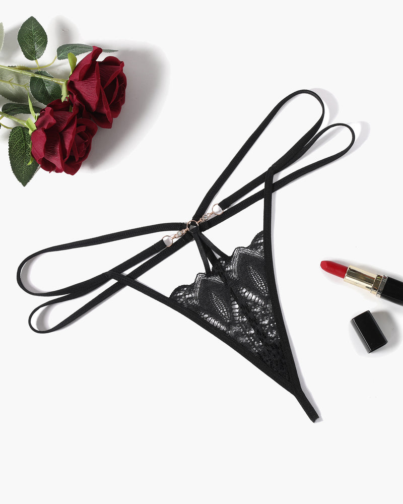 Black floral lace thong panty with hollow-out front and crisscross straps