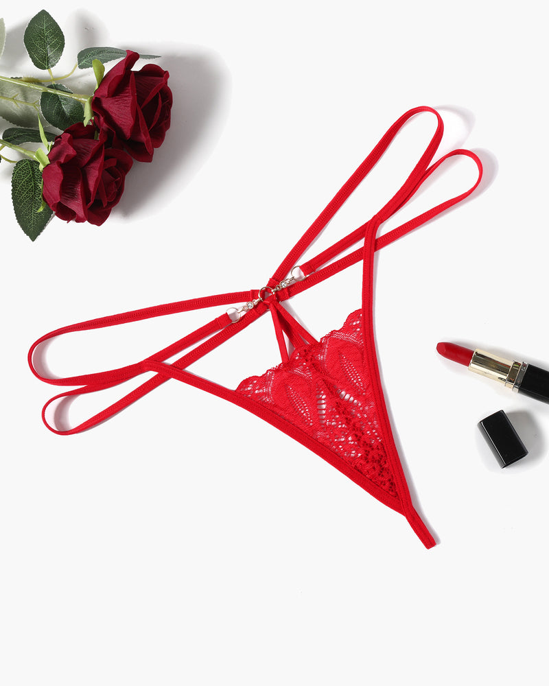 Red floral lace thong panty with hollow-out front and crisscross straps