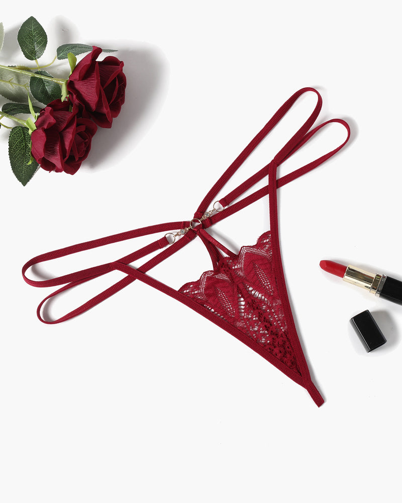 Wine red floral lace thong panty with hollow-out front and crisscross straps
