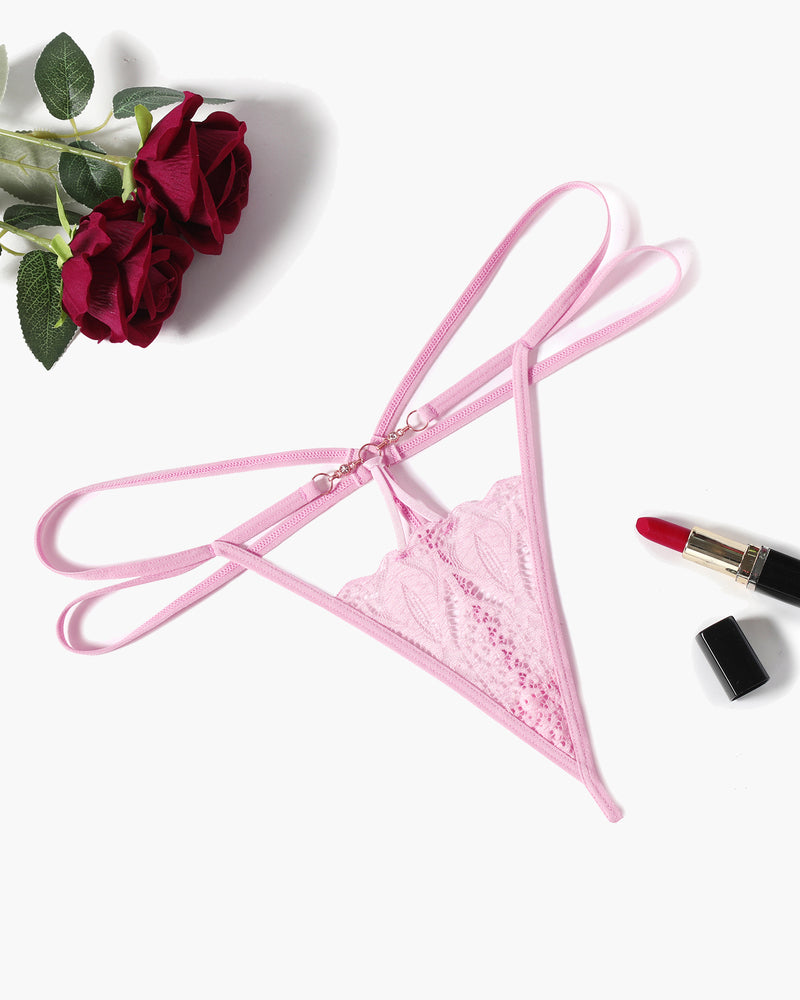 Floral lace hollow-out thong in light pink with bow-tied strappy waist