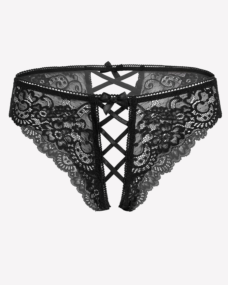 Black lace hipster panty with criss cross front lacing panel and scalloped edges