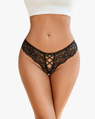 Black lace hipster panty with criss cross strappy front detail and scalloped edges