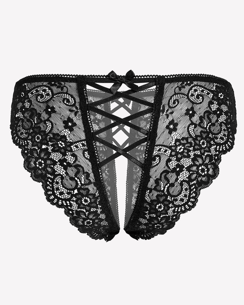 Black lace hipster panty with crisscross front straps and bow detail