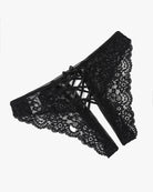Black lace hipster panty, side view, with crisscross strap panel and ribbon bow